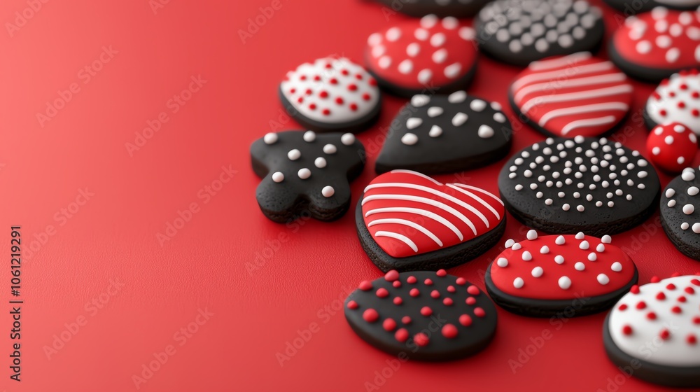 Red and black Christmas cookies in festive shapes on a decorated table, 3D illustration Red and black Christmas cookies in festive shapes on a decorated table, 3D illustration
