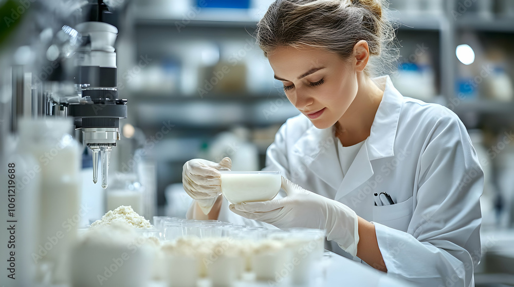 Lab Scientist Examines Milk in a Bowl - Realistic Photo Lab Scientist Examines Milk in a Bowl - Realistic Photo