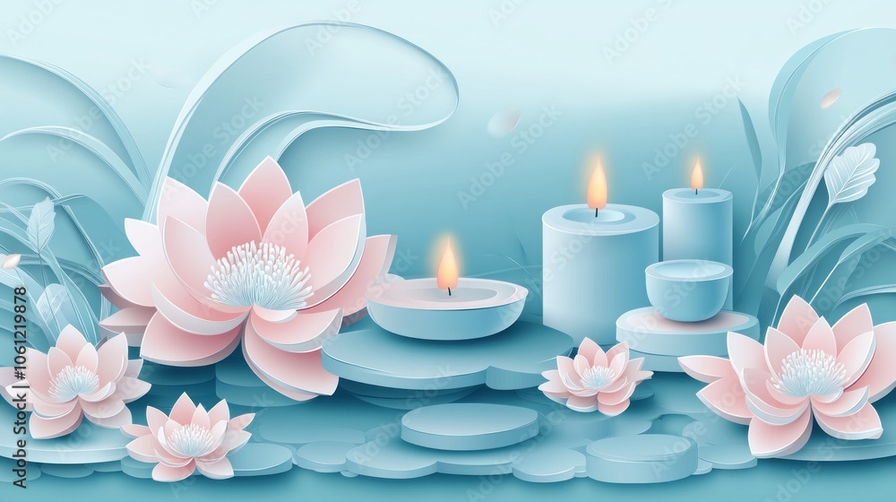 A serene composition featuring lotus flowers and candles, evoking tranquility and relaxation. A serene composition featuring lotus flowers and candles, evoking tranquility and relaxation.