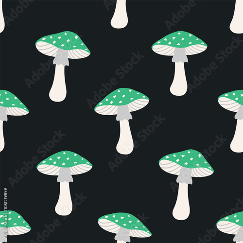 Mushroom Pattern. Seamless Print with Green Fly Agarics. Poisonous Mushrooms. Cute Fall Background. Template. Vector illustration on Black Background