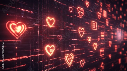 Digital hearts on a glowing background, symbolizing love and connection in a tech context.