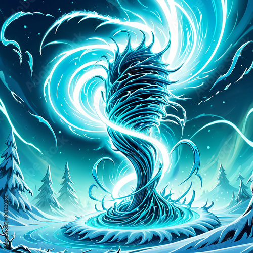 A swirling vortex of icy blue energy stands tall in a snowy landscape. The vortex is composed of spiraling tendrils, emitting bright white light. The background features a winter scene with snowcovere photo