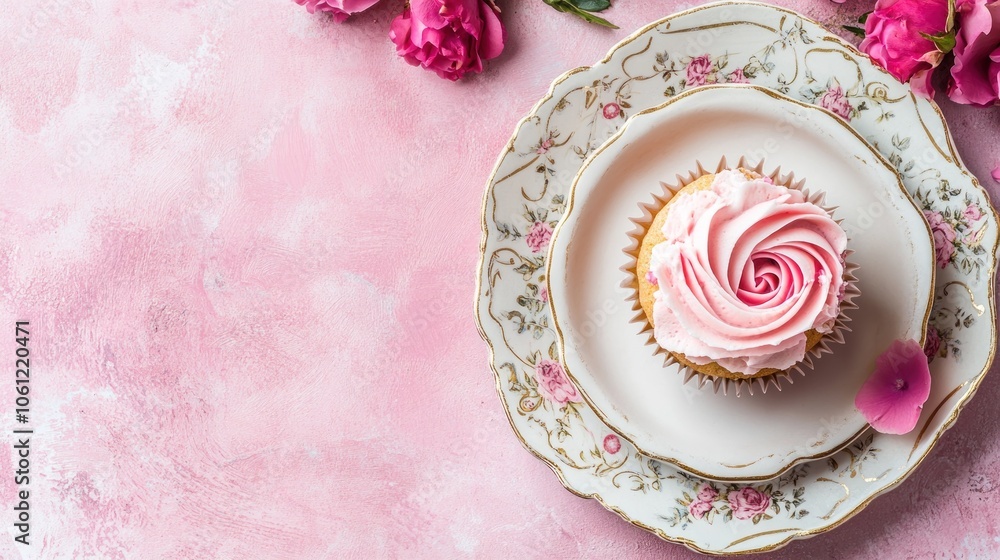 A beautifully decorated cupcake on an elegant plate with roses, set against a pink background. A beautifully decorated cupcake on an elegant plate with roses, set against a pink background.