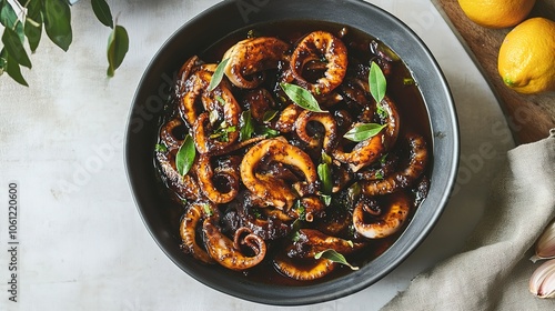 A delicious squid dish simmered in a savory and tangy adobo sauce, crafted from vinegar, soy sauce, garlic, and bay leaves. This flavorful creation features tender squid enveloped in a unique inky  photo