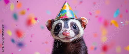 A cheerful ferret wearing a party hat amidst colorful confetti.