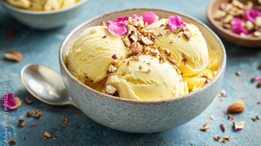 A bowl of creamy ice cream topped with nuts and rose petals, perfect for dessert. A bowl of creamy ice cream topped with nuts and rose petals, perfect for dessert.