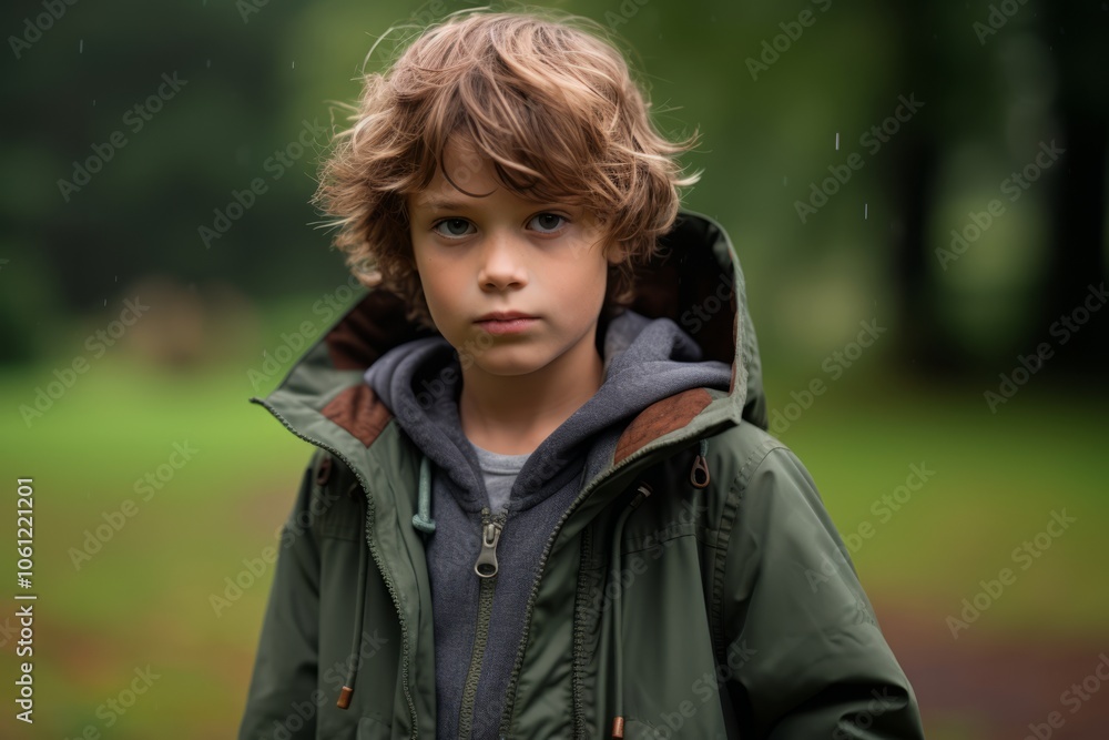 Portrait of a boy in a raincoat in the forest. Portrait of a boy in a raincoat in the forest.