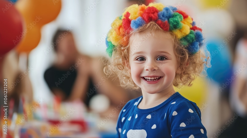Fototapeta premium Happy Child with Colorful Clown Wig at Celebration