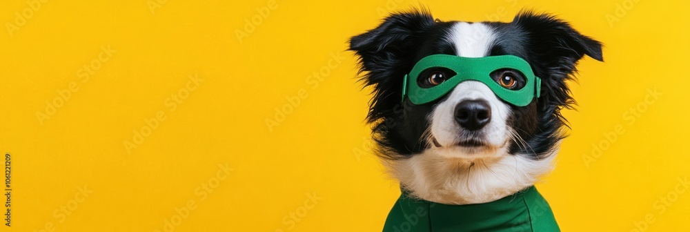 A dog dressed as a superhero against a bright yellow background. A dog dressed as a superhero against a bright yellow background.