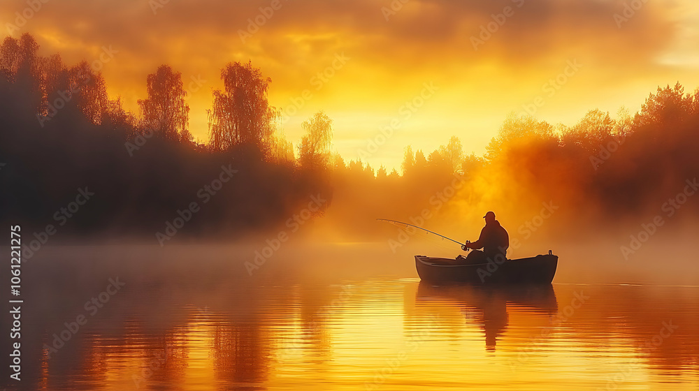 Silhouette of Fisherman in Boat on Golden Lake at Sunset Silhouette of Fisherman in Boat on Golden Lake at Sunset
