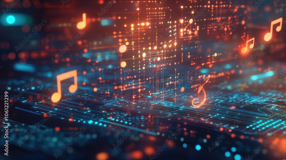 Abstract digital artwork featuring musical notes and data patterns in a vibrant, tech-inspired design. Abstract digital artwork featuring musical notes and data patterns in a vibrant, tech-inspired design.
