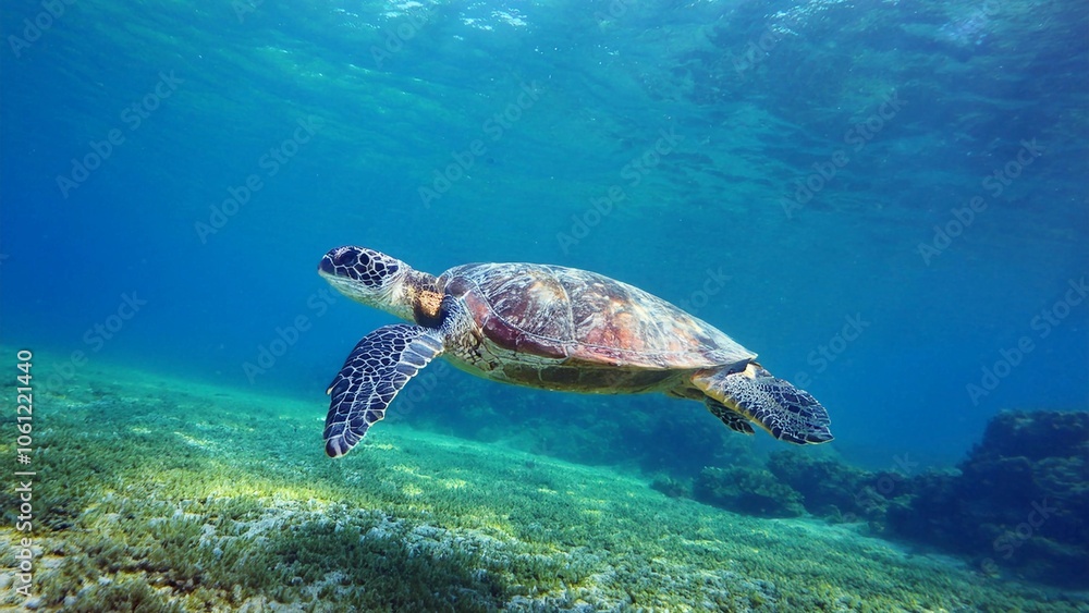 Obraz premium Sea turtle swimming under the blue sea, Sea turtles are large, air-breathing reptiles that inhabit tropical and subtropical seas throughout the world. 