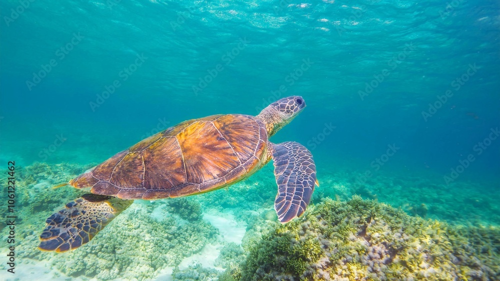 Obraz premium Sea turtle swimming under the blue sea, Sea turtles are large, air-breathing reptiles that inhabit tropical and subtropical seas throughout the world. 