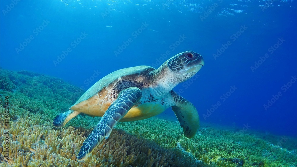Fototapeta premium Sea turtle swimming under the blue sea, Sea turtles are large, air-breathing reptiles that inhabit tropical and subtropical seas throughout the world. 