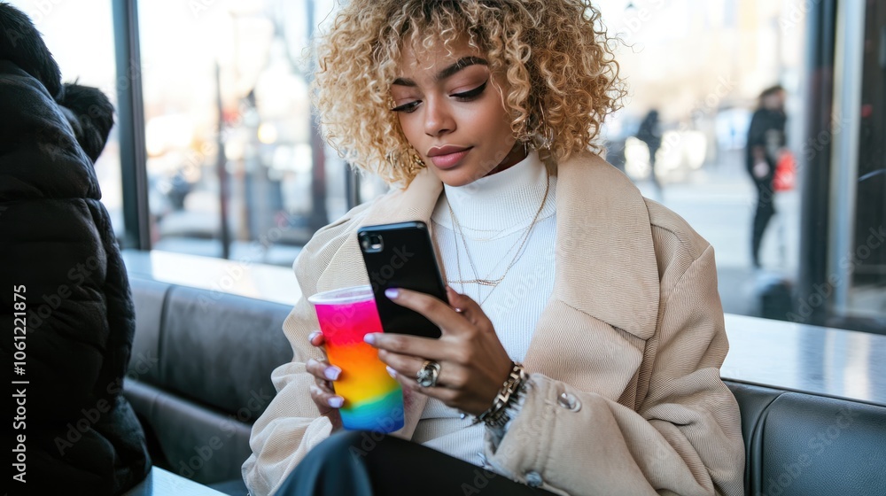 Young Woman Enjoying Colorful Drink and Using Phone Young Woman Enjoying Colorful Drink and Using Phone