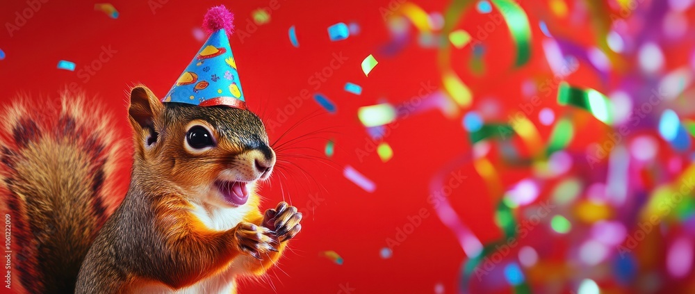 A cheerful squirrel wearing a party hat amidst colorful confetti on a vibrant background. A cheerful squirrel wearing a party hat amidst colorful confetti on a vibrant background.