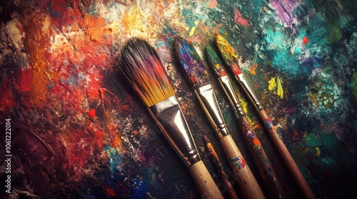 Colorful paintbrushes resting on a vibrant, textured palette of mixed paints. photo