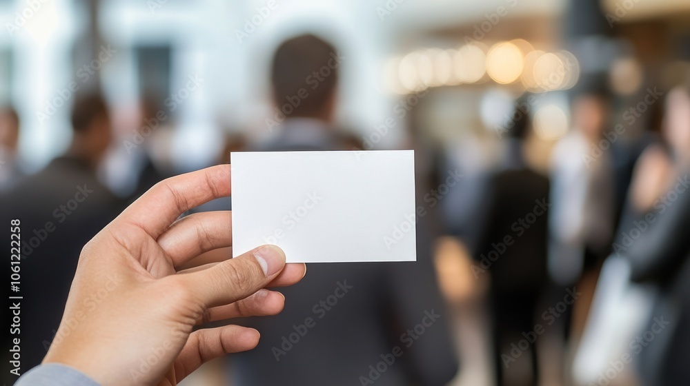 A hand holds a blank business card in a blurred networking event setting. A hand holds a blank business card in a blurred networking event setting.