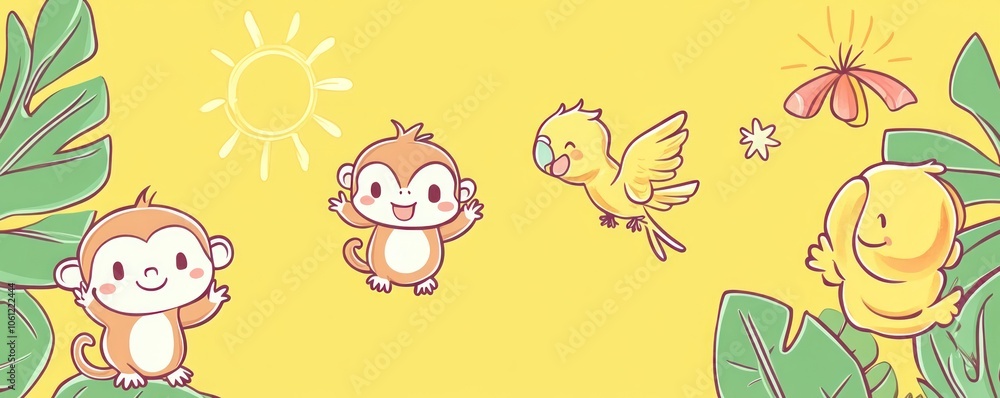 A cheerful illustration featuring playful monkeys and a parrot against a sunny background. A cheerful illustration featuring playful monkeys and a parrot against a sunny background.