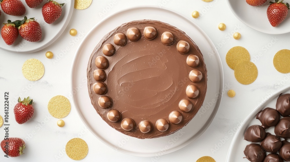 Fototapeta premium A chocolate cake decorated with candies, surrounded by strawberries and golden confetti.