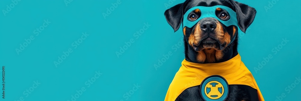 A superhero-themed dog wearing a mask and cape against a bright blue background. A superhero-themed dog wearing a mask and cape against a bright blue background.