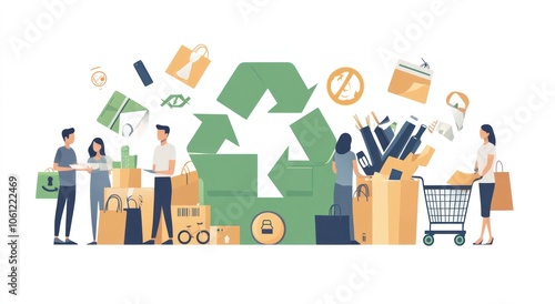 Illustration promoting recycling with people engaging in sustainable practices and materials.