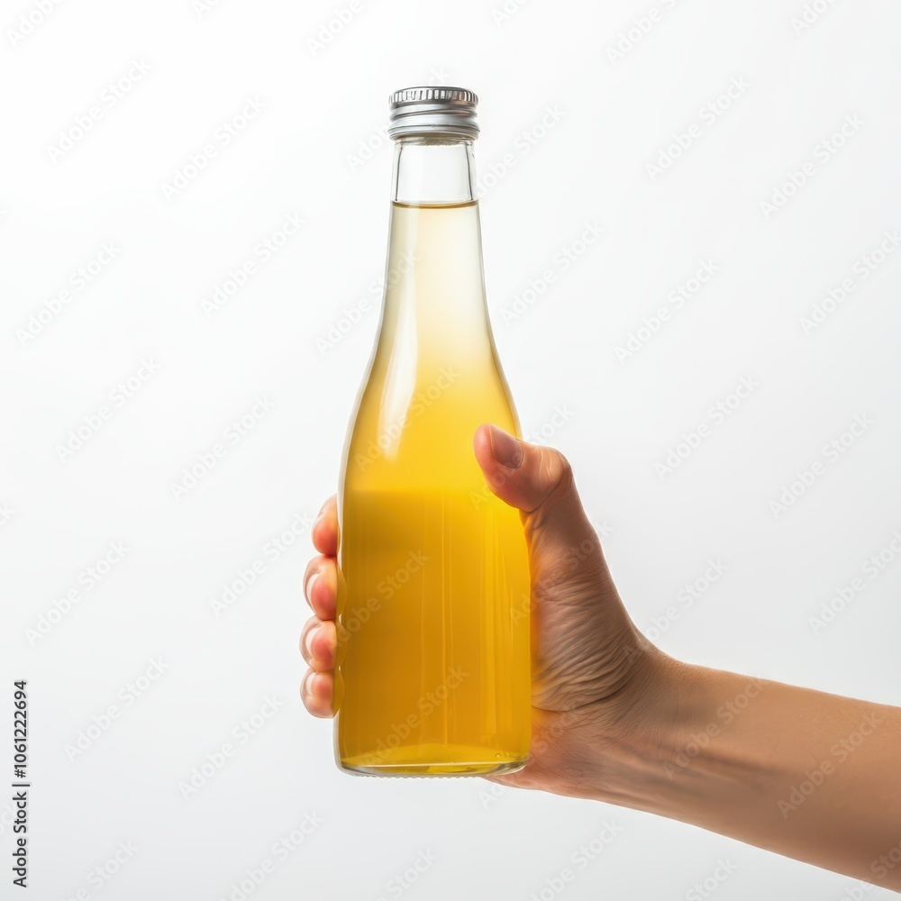 Hand of person holding glass bottle with white background Hand of person holding glass bottle with white background