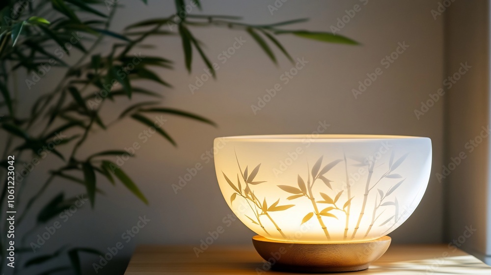 A white ceramic lamp with a bamboo design on a wooden base, illuminated in a room with a plant in the background. A white ceramic lamp with a bamboo design on a wooden base, illuminated in a room with a plant in the background.