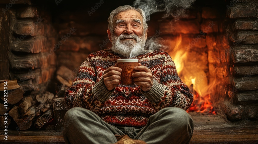 A joyful elderly man enjoys a warm drink by a cozy fireplace, exuding warmth and comfort. A joyful elderly man enjoys a warm drink by a cozy fireplace, exuding warmth and comfort.