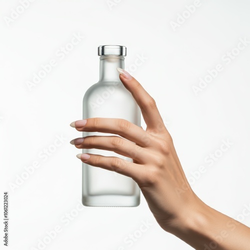 Hand of person holding glass bottle with white background