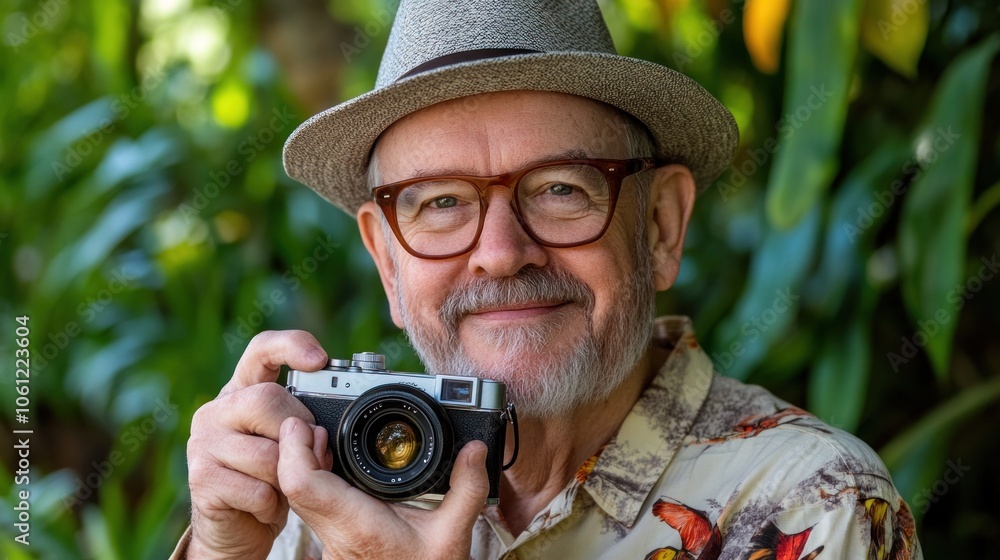 A smiling older man in a hat holds a camera, surrounded by lush greenery. A smiling older man in a hat holds a camera, surrounded by lush greenery.