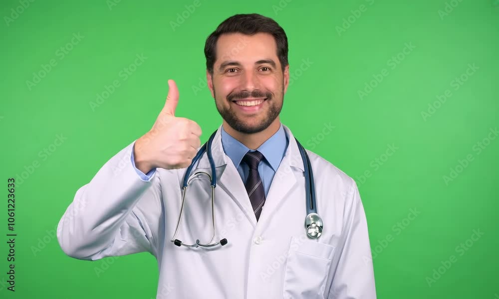 Doctor giving a thumbs-up gesture isolate on green screen background Doctor giving a thumbs-up gesture isolate on green screen background