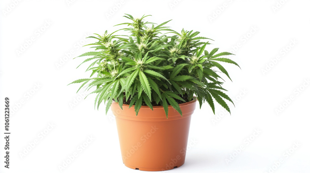 Fototapeta premium Lush marijuana plant in terracotta pot, showcasing vibrant green leaves and abundant buds, symbolizing growth and vitality