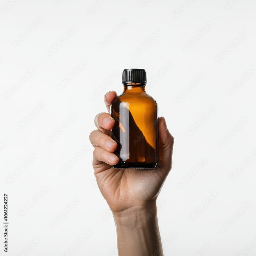 Hand of person holding glass bottle with white background Hand of person holding glass bottle with white background
