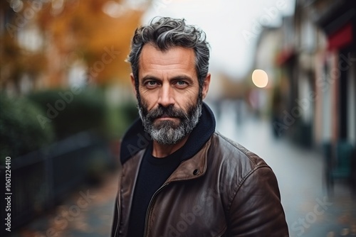 Handsome middle-aged man with gray beard and mustache in the city