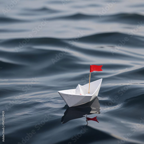 A paper boat with a red flag on it is floating in the water