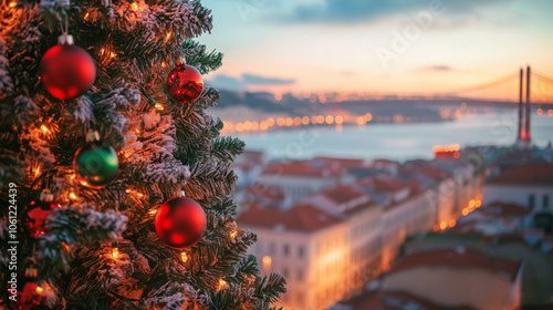Close-up image of Christmas tree with green and red ornaments on the background of Lisbon panorama