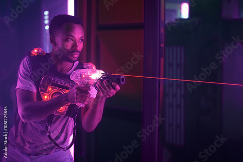 Fotografie Young man playing laser tag game in neon-lit black light amusement center