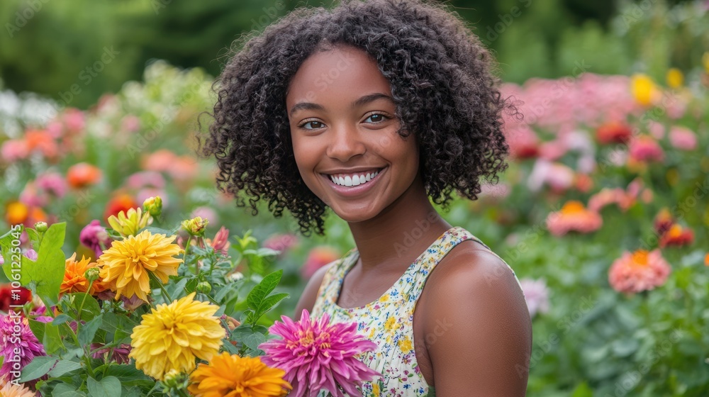 Smiling Woman in Colorful Flower Garden Smiling Woman in Colorful Flower Garden