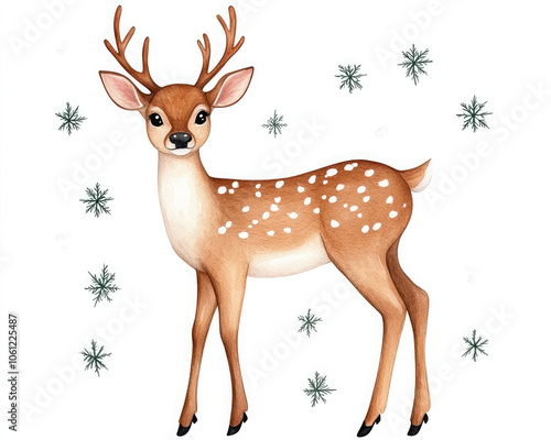 A cute cartoon deer with spots stands gracefully against a snowy backdrop, exuding a whimsical charm and wintery feel.