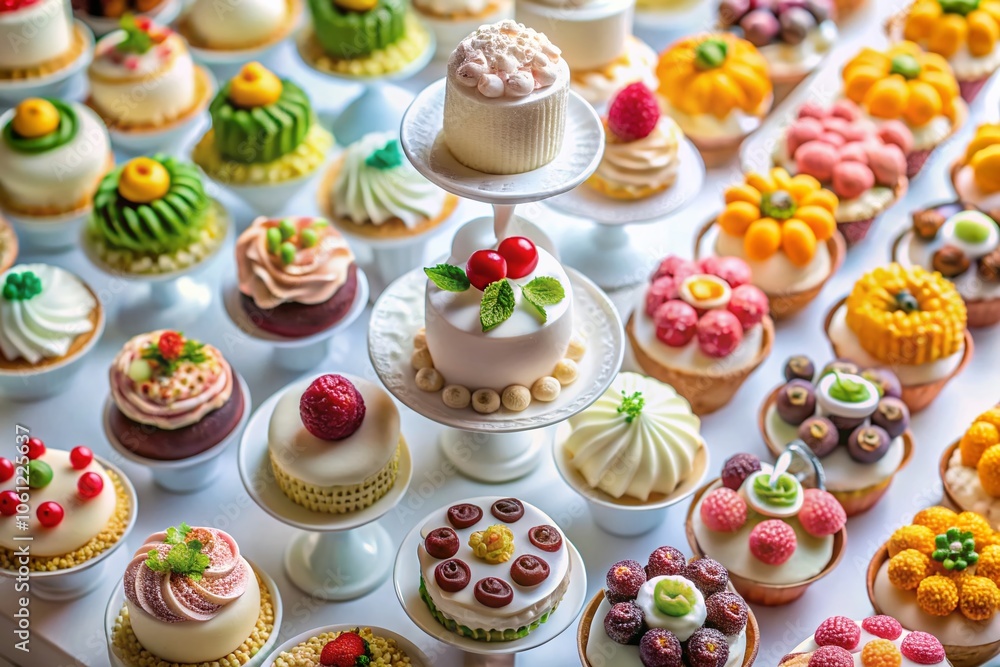 Overhead View of a Colorful Array of Mini Cakes on a White Stand, Perfect for Celebrations and Events, Showcasing Variety and Elegance in Pastry Presentation Overhead View of a Colorful Array of Mini Cakes on a White Stand, Perfect for Celebrations and Events, Showcasing Variety and Elegance in Pastry Presentation