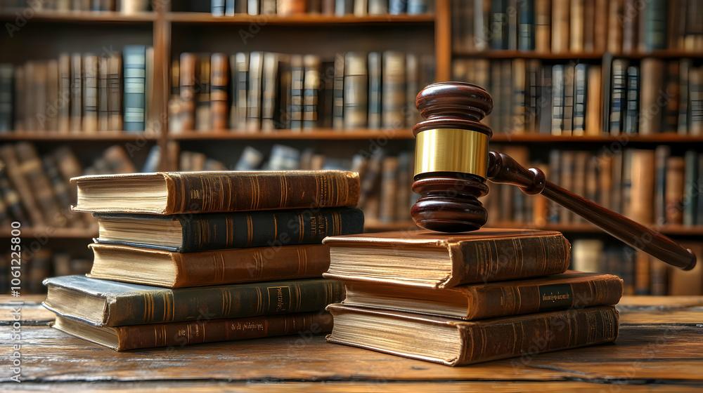 Gavel and Old Books on Wooden Table - Realistic Photo