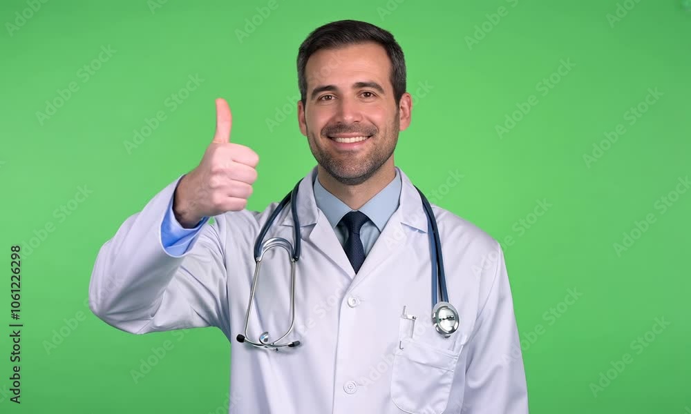 Doctor giving a thumbs-up gesture isolate on green screen background Doctor giving a thumbs-up gesture isolate on green screen background