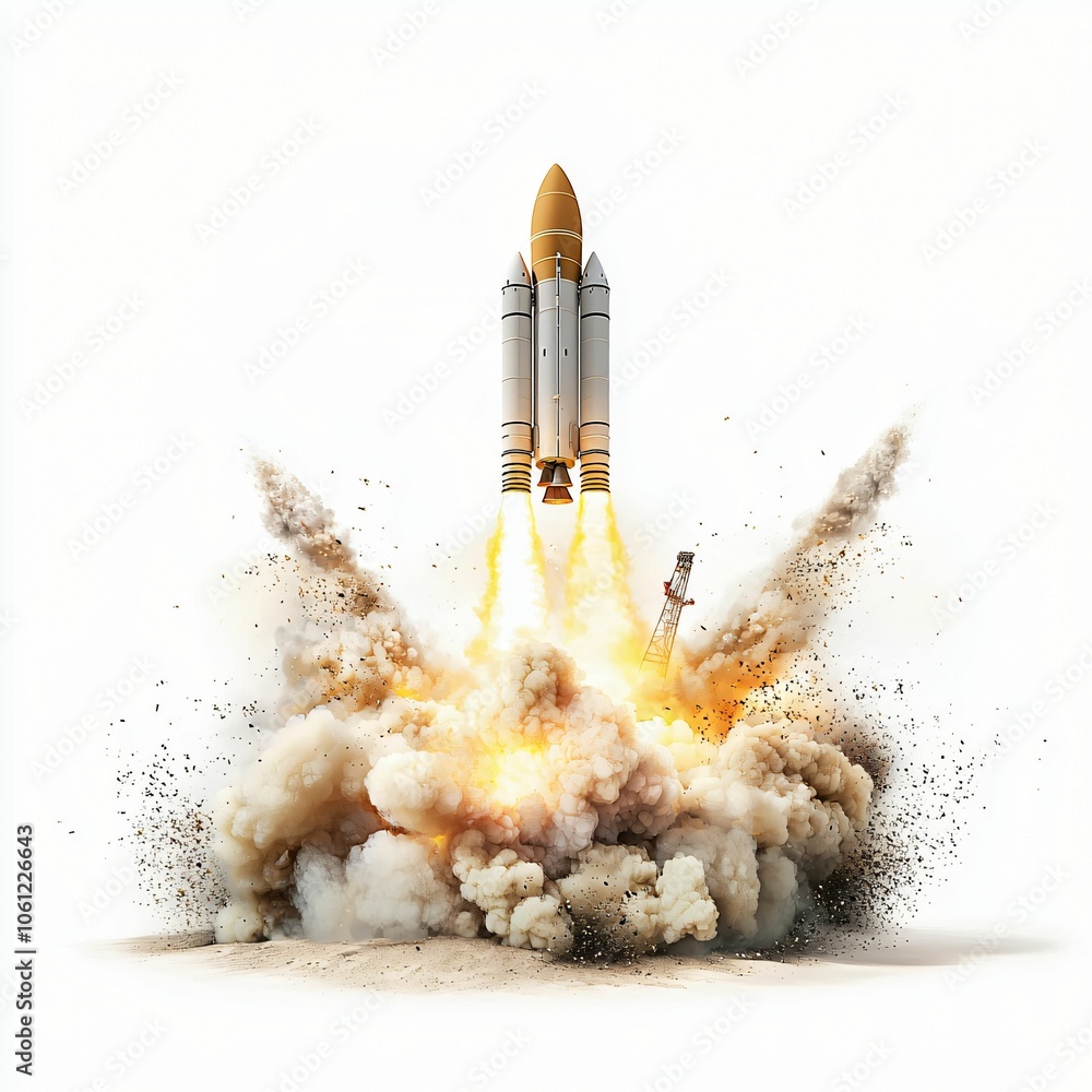 Fototapeta premium A rocket launches powerfully into the sky, surrounded by a dramatic explosion of smoke and flames, symbolizing innovation and exploration.