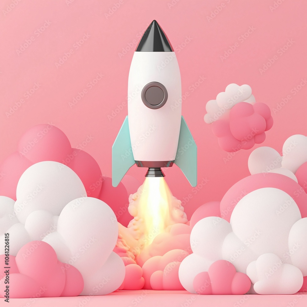 A colorful rocket is launching through fluffy pink clouds, emitting bright flames, creating a playful and whimsical atmosphere. A colorful rocket is launching through fluffy pink clouds, emitting bright flames, creating a playful and whimsical atmosphere.