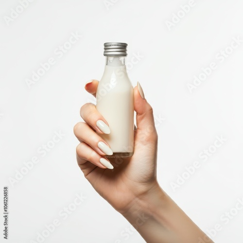 Hand of person holding glass bottle with white background