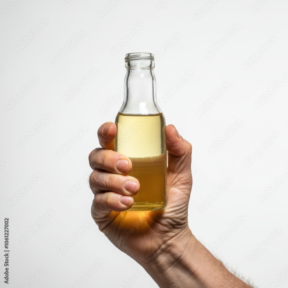 Hand of person holding glass bottle with white background
