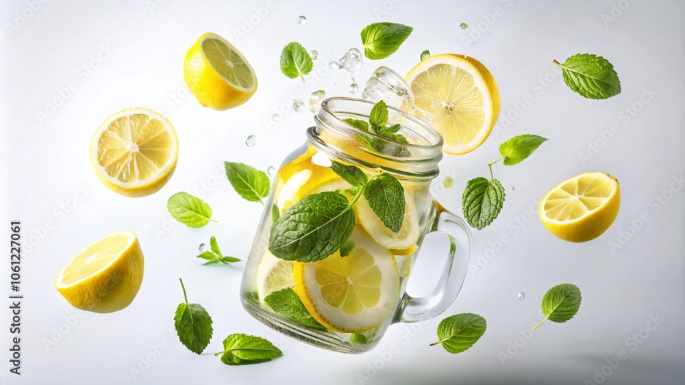 Refreshing Fresh Lemonade Drink with Soda Water, Mint Leaves in Glass Jar - Perfect for Summer Advertisements, Vibrant Colors, and Studio Motion Capture Refreshing Fresh Lemonade Drink with Soda Water, Mint Leaves in Glass Jar - Perfect for Summer Advertisements, Vibrant Colors, and Studio Motion Capture