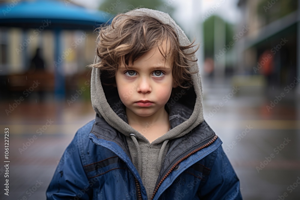 Portrait of a child in a hooded jacket in the rain Portrait of a child in a hooded jacket in the rain