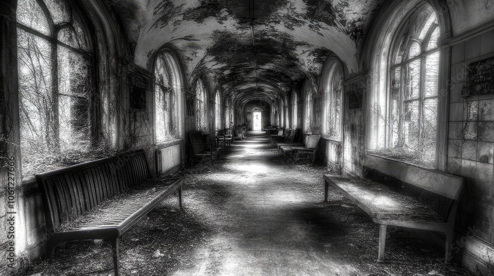 Abandoned Hallway with Overgrown Vegetation and Shadows Abandoned Hallway with Overgrown Vegetation and Shadows